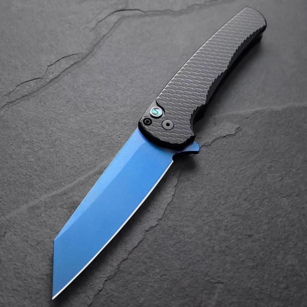 Pro-Tech Malibu Custom Ltd. 3.25" Flipper w/ Sapphire Blue 20CV & Black Aluminum Dragon Scale