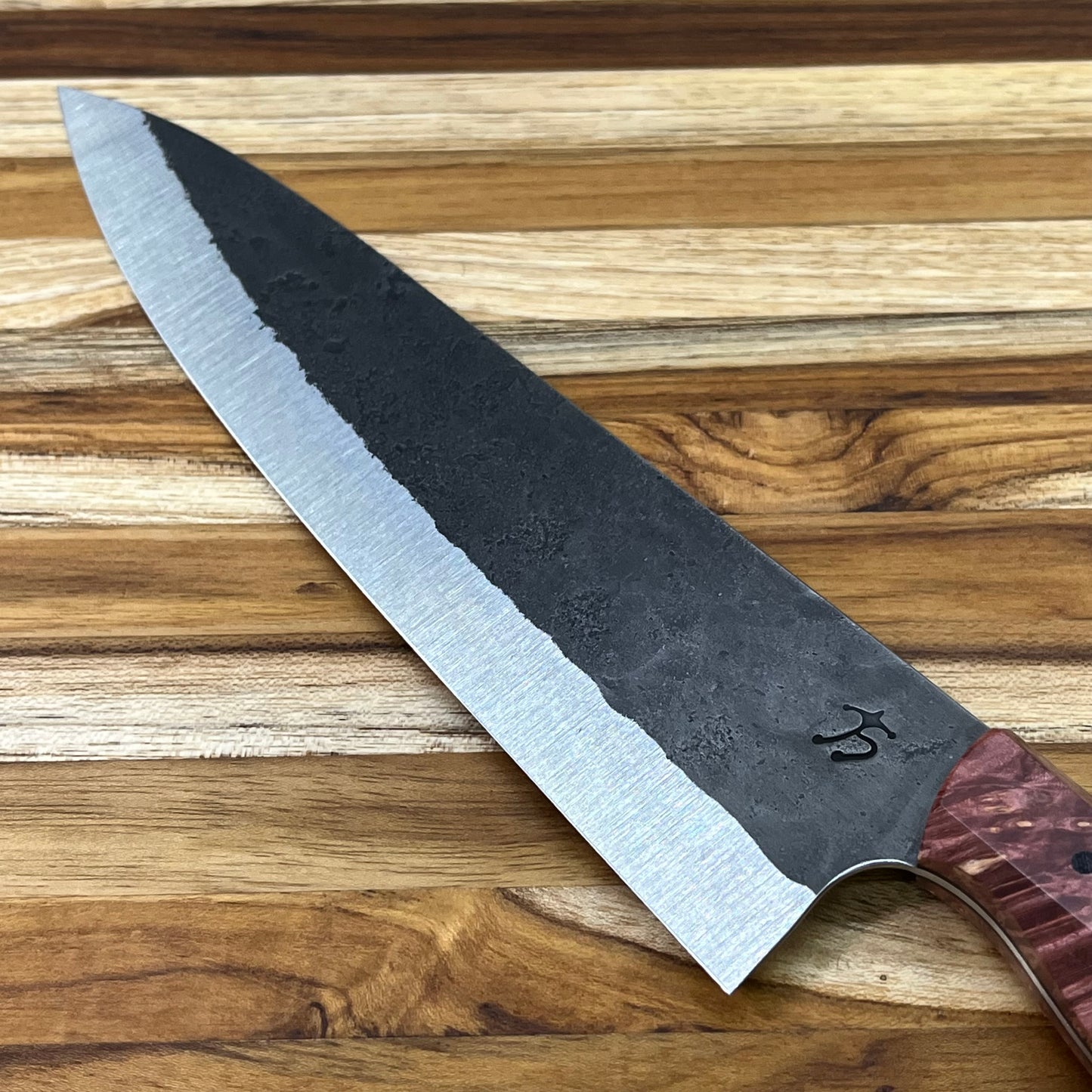 Running Man Forge Custom 215mm (8.5") Thin Forged Gyuto w/ Burgundy Maple Burl Handle