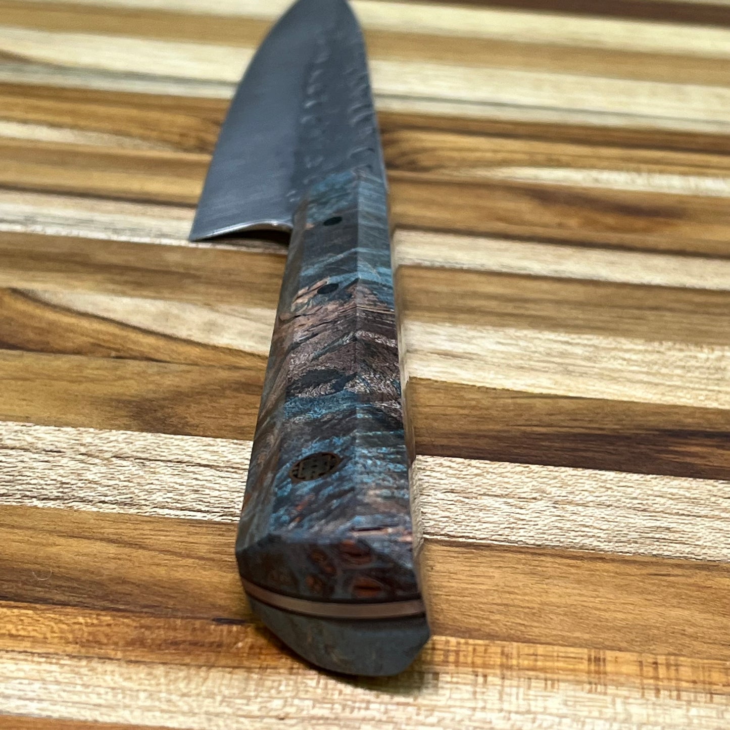 Running Man Forge Custom 150mm (6") Thin Forged Petty w/ Blue Maple Burl Handle & Rose Gold Mosaic Inlay