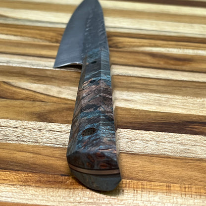 Running Man Forge Custom 150mm (6") Thin Forged Petty w/ Blue Maple Burl Handle & Rose Gold Mosaic Inlay