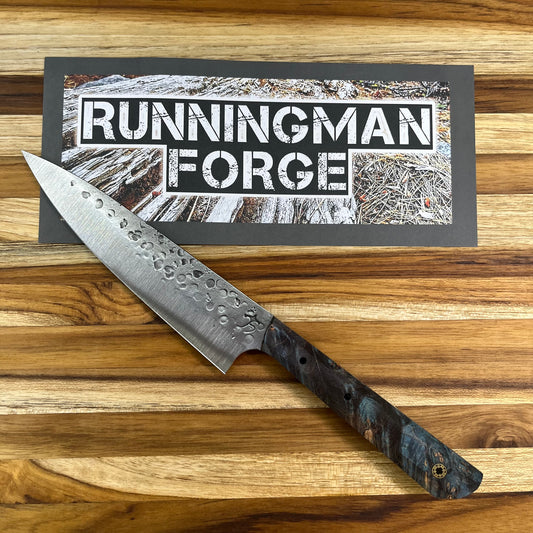 Running Man Forge Custom 150mm (6") Thin Forged Petty w/ Blue Maple Burl Handle & Gold Mosaic Inlay