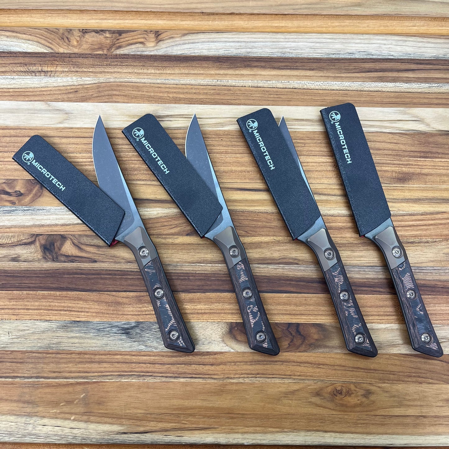 Microtech Signature Series Culinary 4pc DLC Steak Knife Set w/ Bronze Titanium Bolster & Livewire Carbon Fiber Handle