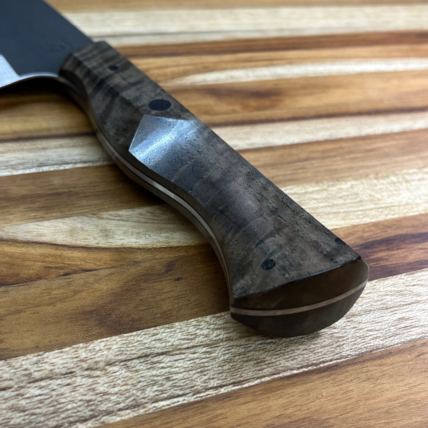 Running Man Forge Custom 215mm (8.5") Thin Forged Gyuto w/ Grey-Brown Curly Walnut Handle