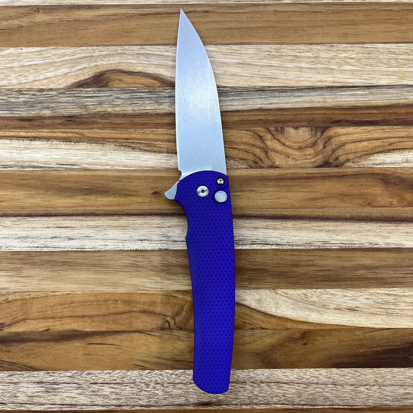 Pro-Tech Malibu Custom 2024 Blade Texas 3.25" Stonewash Flipping Knife w/ Mother of Pearl Button & Textured Purple Aluminum Handle