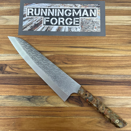 Running Man Forge Semi-Custom 210mm (8.25") Gyuto w/ Laser Engraving & Brown/Orange Maple Handle