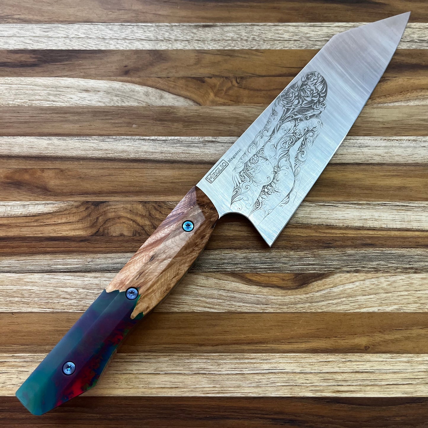 Meglio Semi-Custom 7.5" Satin K-Tip Gyuto w/ Lasered Abstract Beauty & Maple Burl and Electric Resin Handle