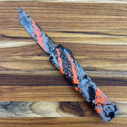 Microtech Combat Troodon Gen III T/E 4" OTF w/ Bull Shark Gray/Black Orange Splatter Aluminum Handle