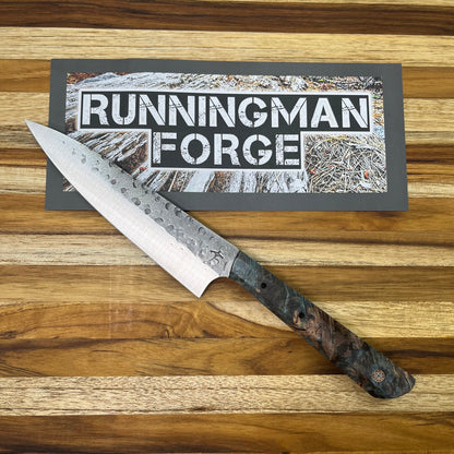 Running Man Forge Custom 150mm (6") Thin Forged Petty w/ Blue Maple Burl Handle & Rose Gold Mosaic Inlay