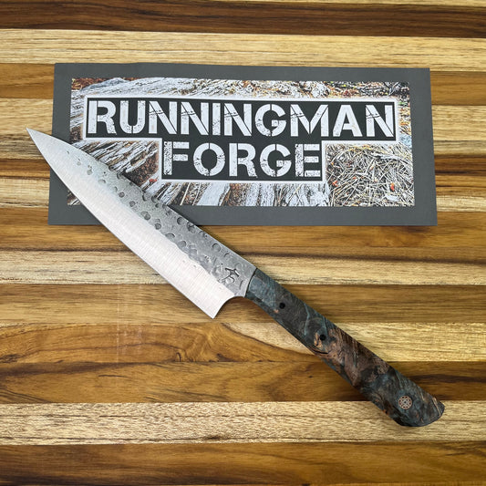 Running Man Forge Custom 150mm (6") Thin Forged Petty w/ Blue Maple Burl Handle & Rose Gold Mosaic Inlay