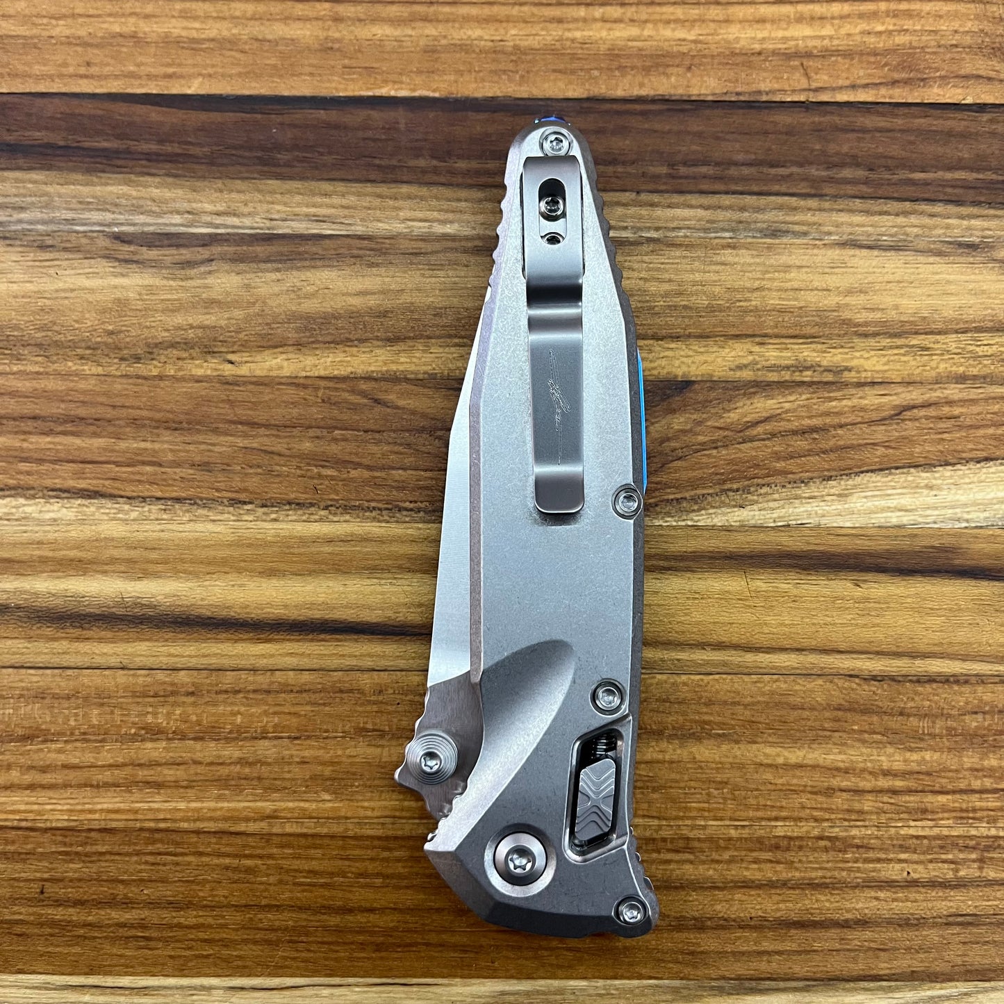 Microtech Marfione Select Socom Ram-Lok Spear Point 4" Folding Knife w/ Stonewashed Titanium & Blue Accented Handle