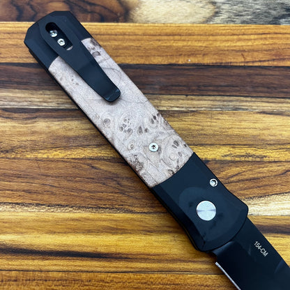 Pro-Tech Godfather 4" Auto w/ Black Aluminum Handle & Maple Burl Wood Inlay
