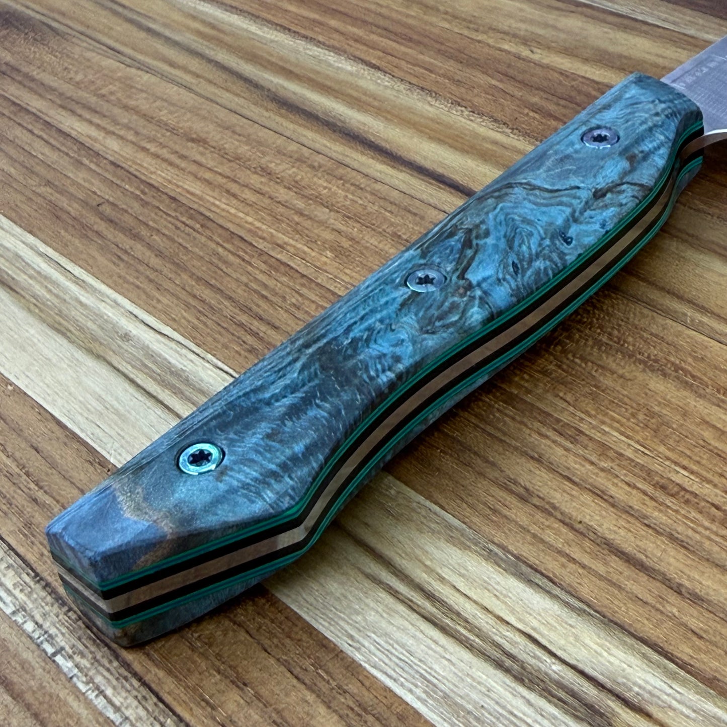 Meglio Blade Show Semi-Custom 5.25" Satin Petty w/ Turquoise Maple Burl Handle