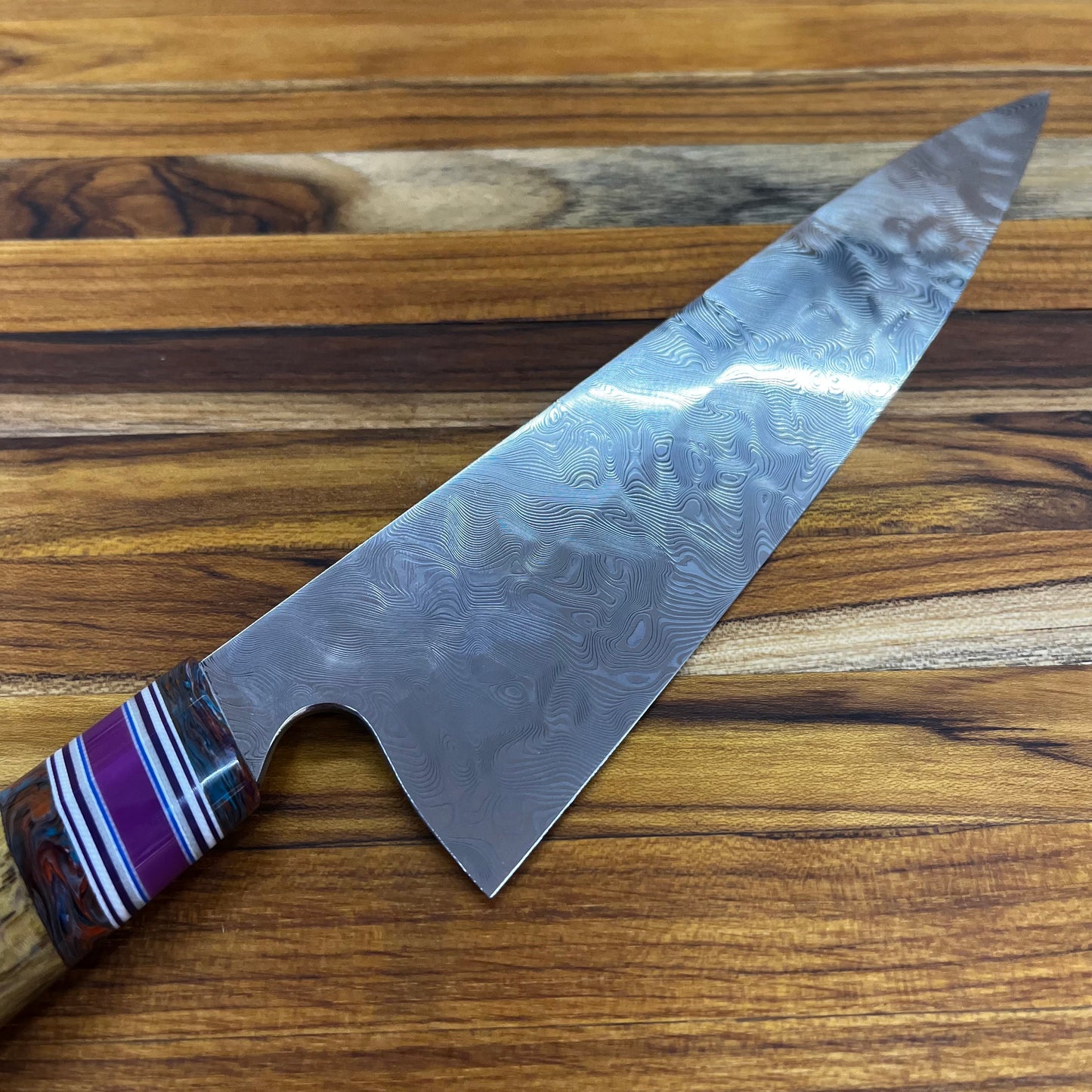 3rd Hill Customs Damasteel 220mm (8.5") Chef's Knife w/ Curly Oak Handle