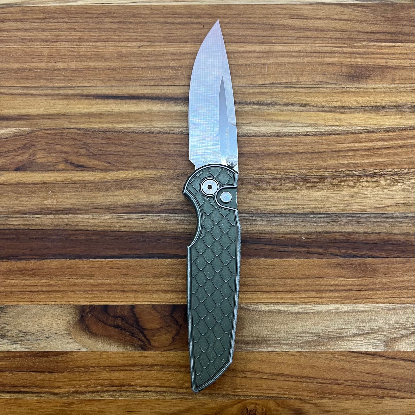 Pro-Tech TR-3 Integrity 3.5" Folding Knife w/ Green Battleworn Reptile Texture Aluminum Handle