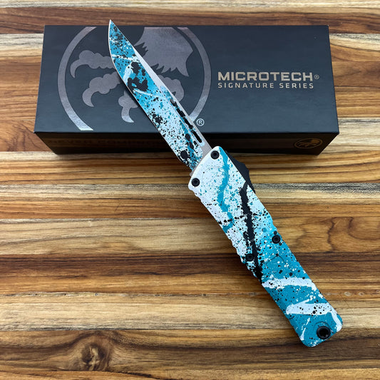Microtech Combat Troodon Gen III S/E 4" OTF w/ Turquoise/White Black Splatter Aluminum Handle