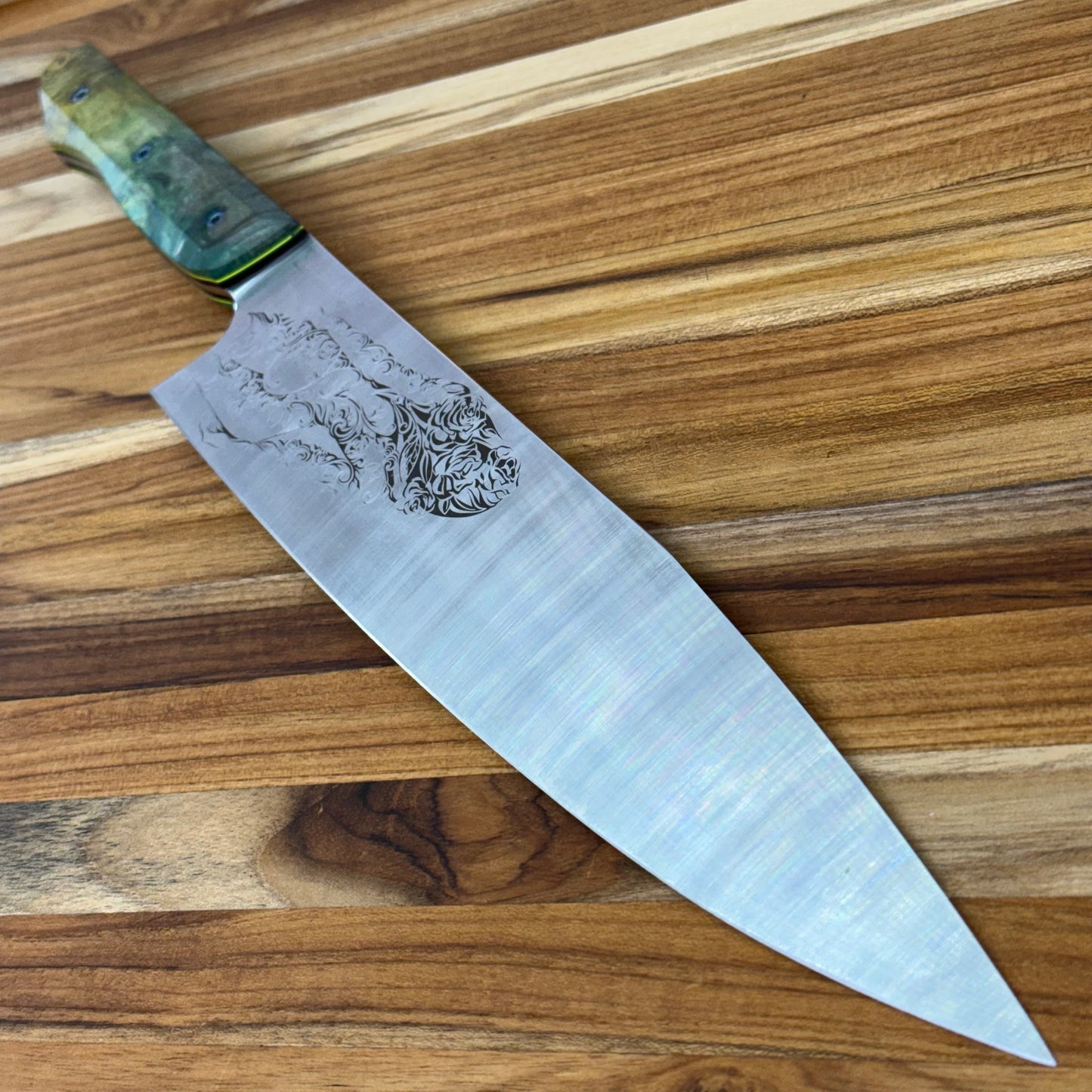 Meglio Blade Show Semi-Custom 10" Western Chef's Knife w/ Lasered Abstract Beauty & Green/Yellow Box Elder Handle