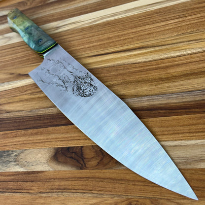 Meglio Blade Show Semi-Custom 10" Western Chef's Knife w/ Lasered Abstract Beauty & Green/Yellow Box Elder Handle