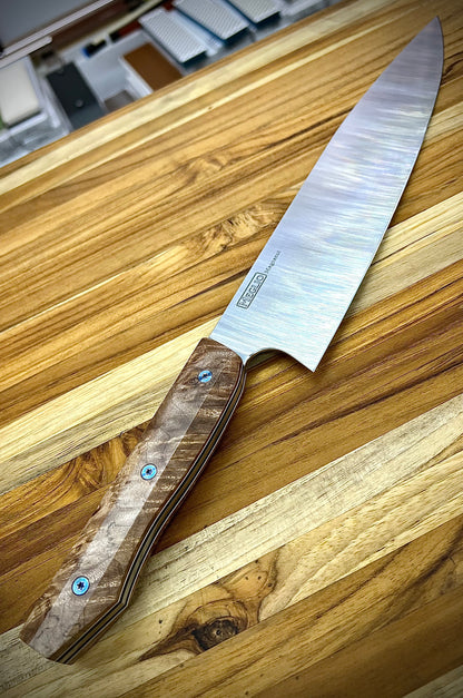 Meglio 10" Semi-custom Satin Magnacut Western Chef's Knife with Maple Burl Handles