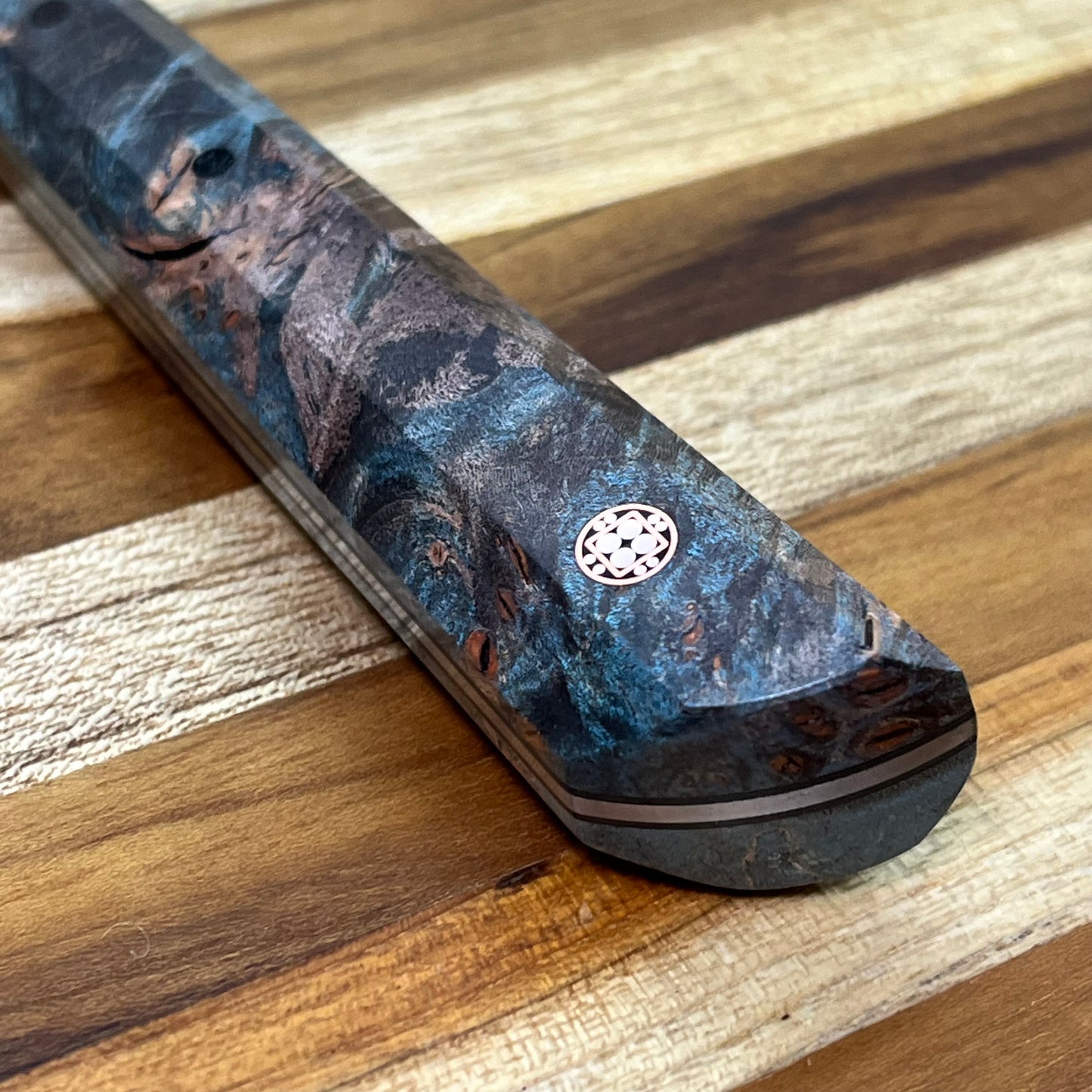 Running Man Forge Custom 150mm (6") Thin Forged Petty w/ Blue Maple Burl Handle & Rose Gold Mosaic Inlay