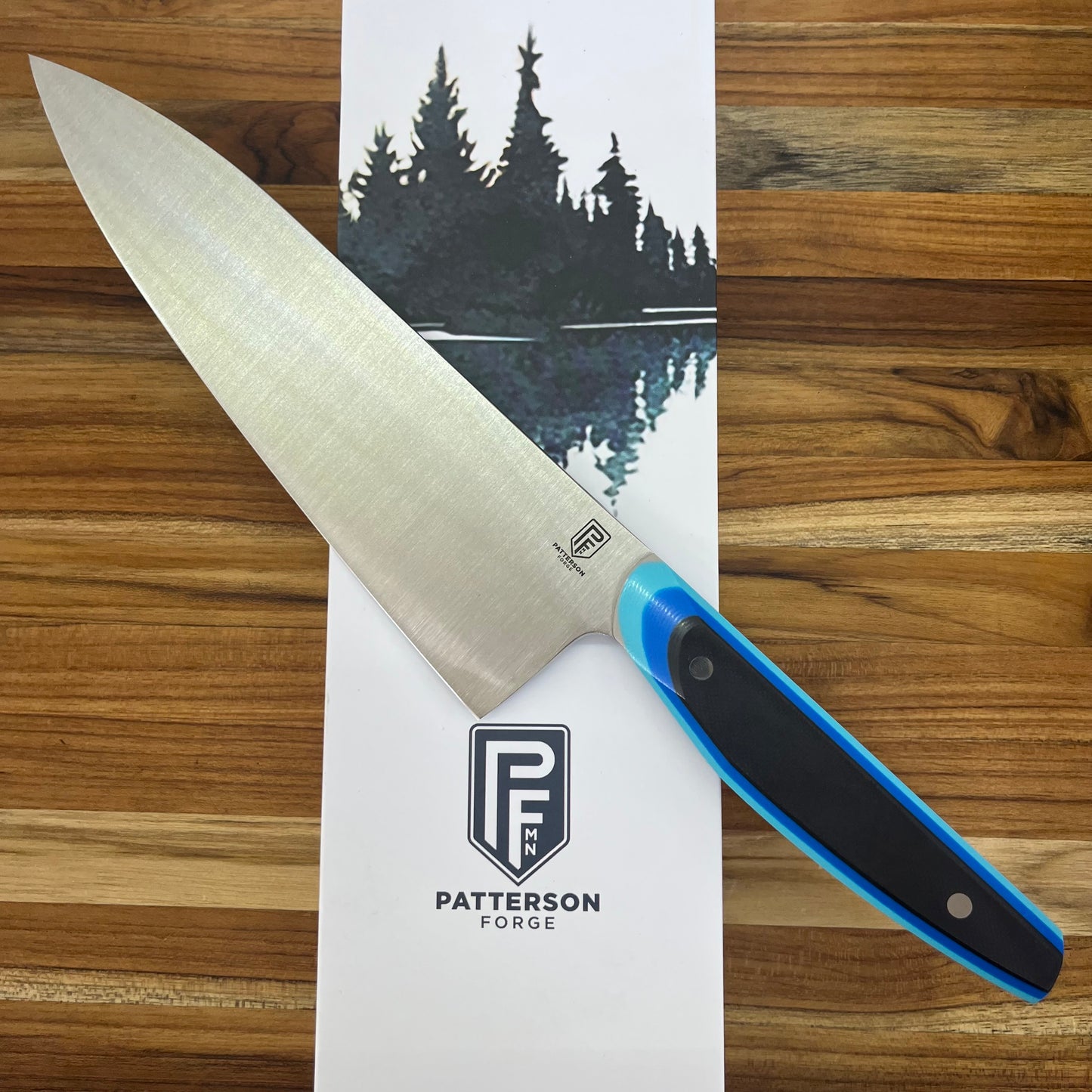Patterson Forge Semi-Custom 200mm (8") Chef's Knife w/ Retro Blue TRD G10 Handle