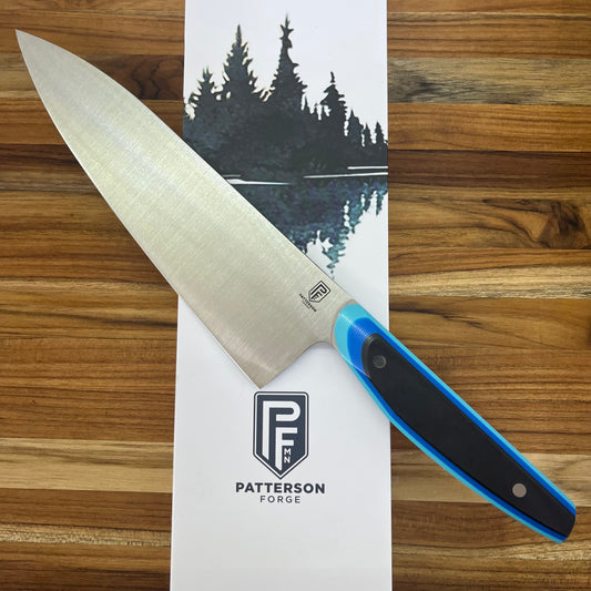 Patterson Forge Semi-Custom 200mm (8") Chef's Knife w/ Retro Blue TRD G10 Handle