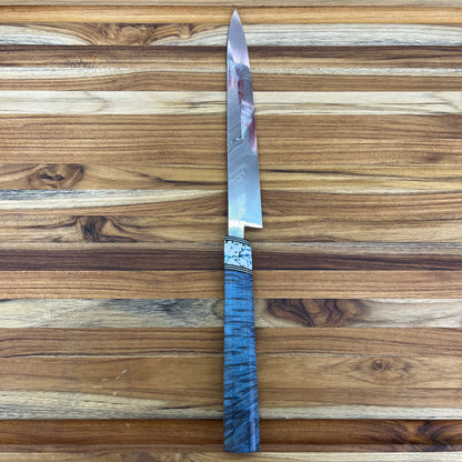 3rd Hill Customs Damasteel 225mm (9") Sujihiki w/ Blue Curly Maple Handle