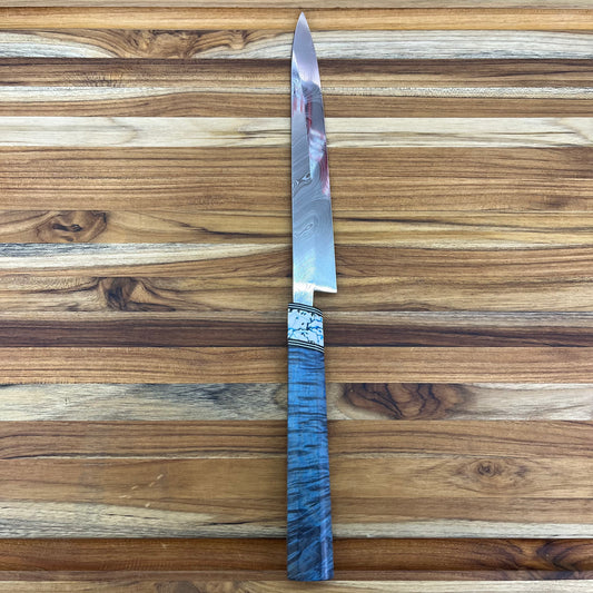 3rd Hill Customs Damasteel 225mm (9") Sujihiki w/ Blue Curly Maple Handle