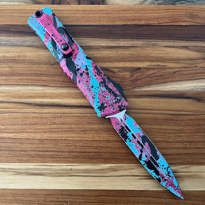 Microtech Combat Troodon Gen III D/E 4" OTF w/ Pink/Blue Black Splatter Aluminum Handle