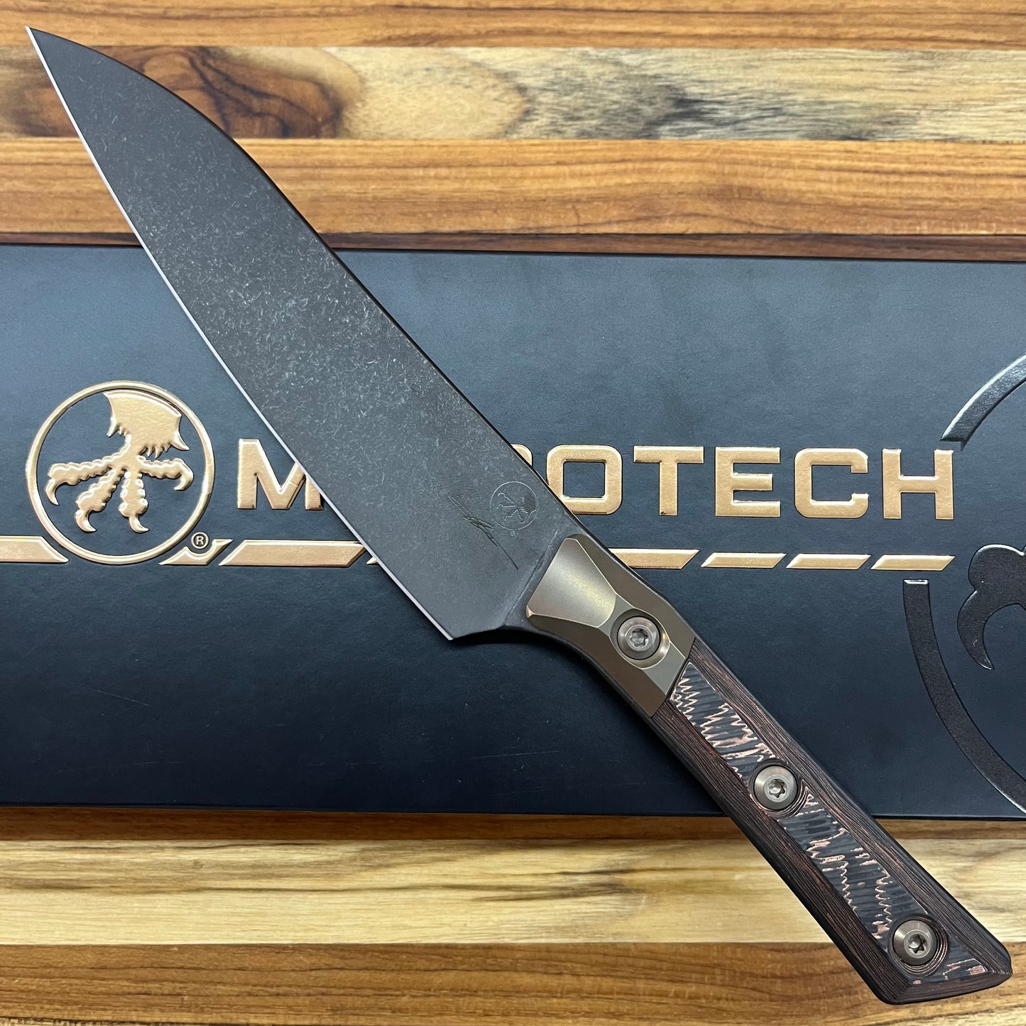 Microtech Signature Series Culinary 6" DLC Utility Knife w/ Bronze Titanium Bolster & Livewire Carbon Fiber Handle