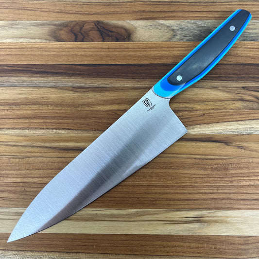 Patterson Forge Semi-Custom 200mm (8") Chef's Knife w/ Retro Blue TRD G10 Handle