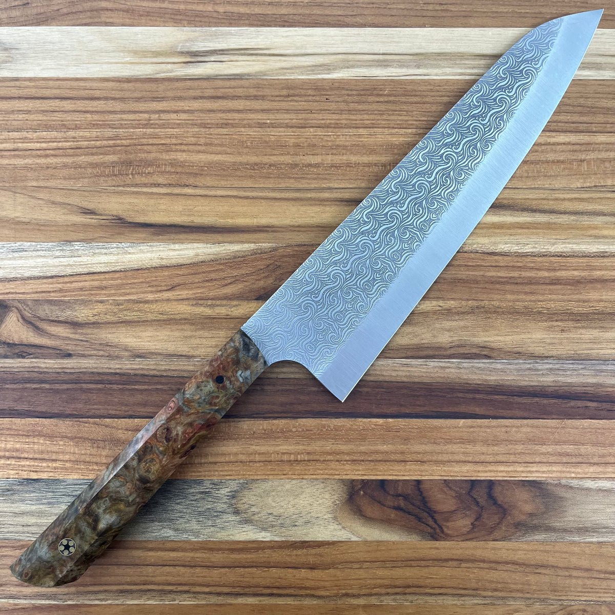 Running Man Forge Semi-Custom 210mm (8.25") Gyuto w/ Laser Engraving & Brown/Orange Maple Handle