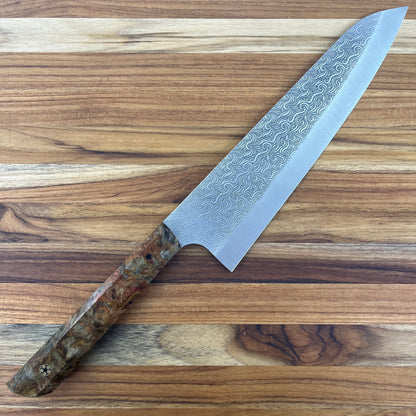Running Man Forge Semi-Custom 210mm (8.25") Gyuto w/ Laser Engraving & Brown/Orange Maple Handle