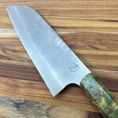 Running Man Forge Ready Series 170mm (6.75") Santoku w/ Green Maple Burl Handle