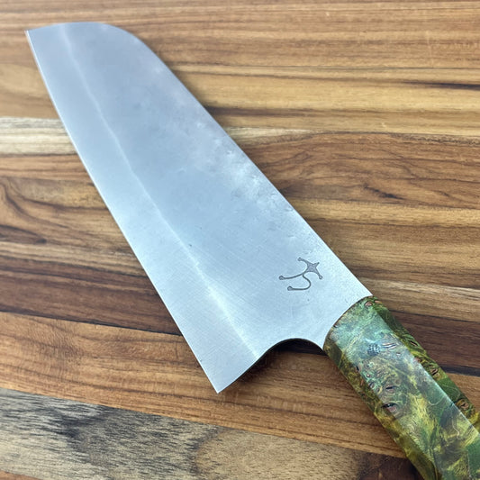 Running Man Forge Ready Series 170mm (6.75") Santoku w/ Green Maple Burl Handle
