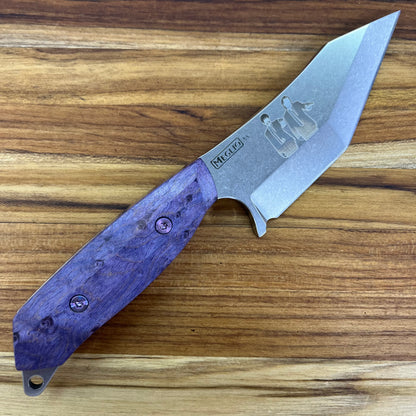 Meglio Blade Show Semi-Custom H-Series 4" Outdoor Kitchen Knife w/ Lasered Pulp Fiction & Purple Bird's Eye Maple Handle