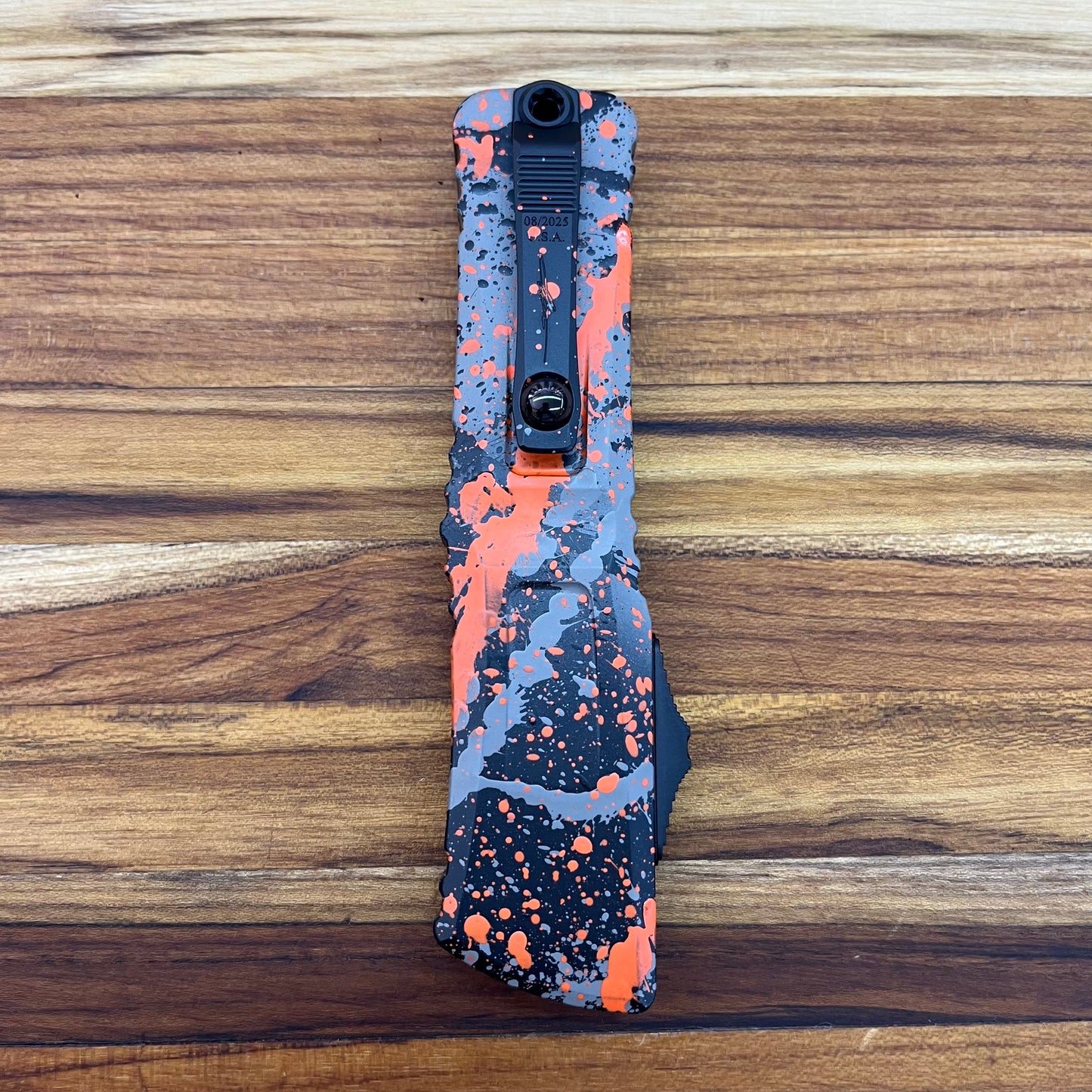 Microtech Combat Troodon Gen III T/E 4" OTF w/ Bull Shark Gray/Black Orange Splatter Aluminum Handle