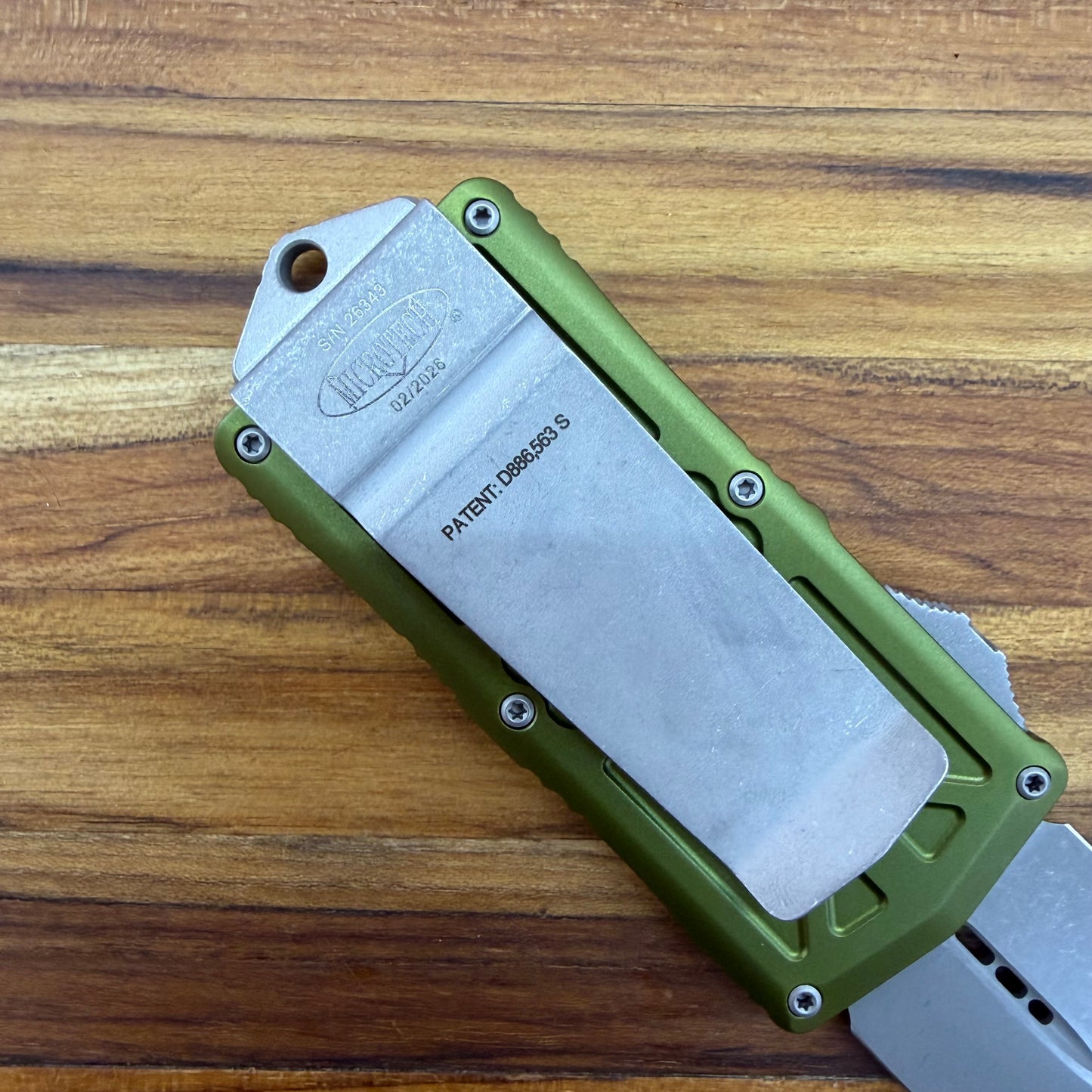 Microtech Exocet D/E 2" OTF w/ OD Green Aluminum Handle & Money Clip