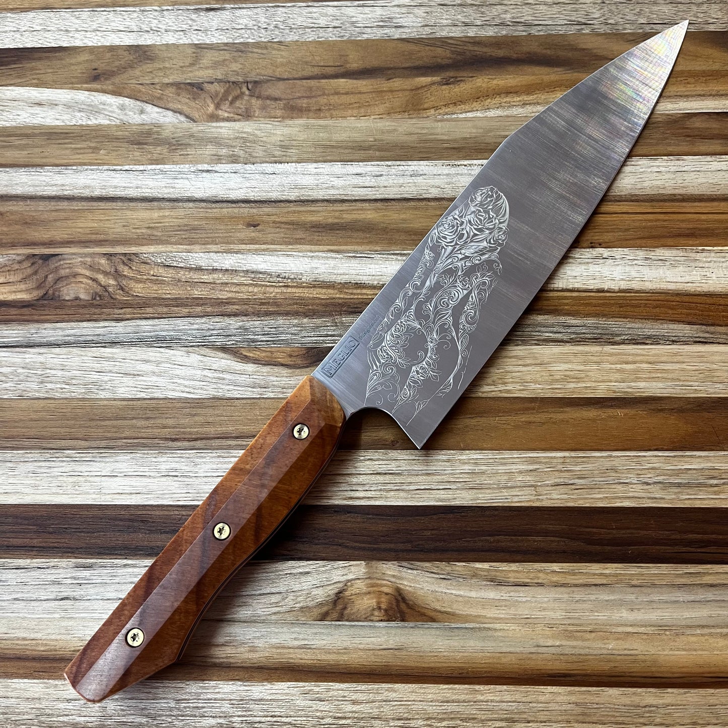 Meglio Semi-Custom 9" Satin K-Tip Western Chef's Knife w/ Lasered Abstract Beauty & Torrey Pine Handle