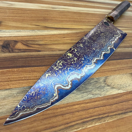 Tung Dao Custom 240mm (9.5")  Gyuto w/ Gold & Red Coppermai Damascus & Kháo Burl Wa Handle