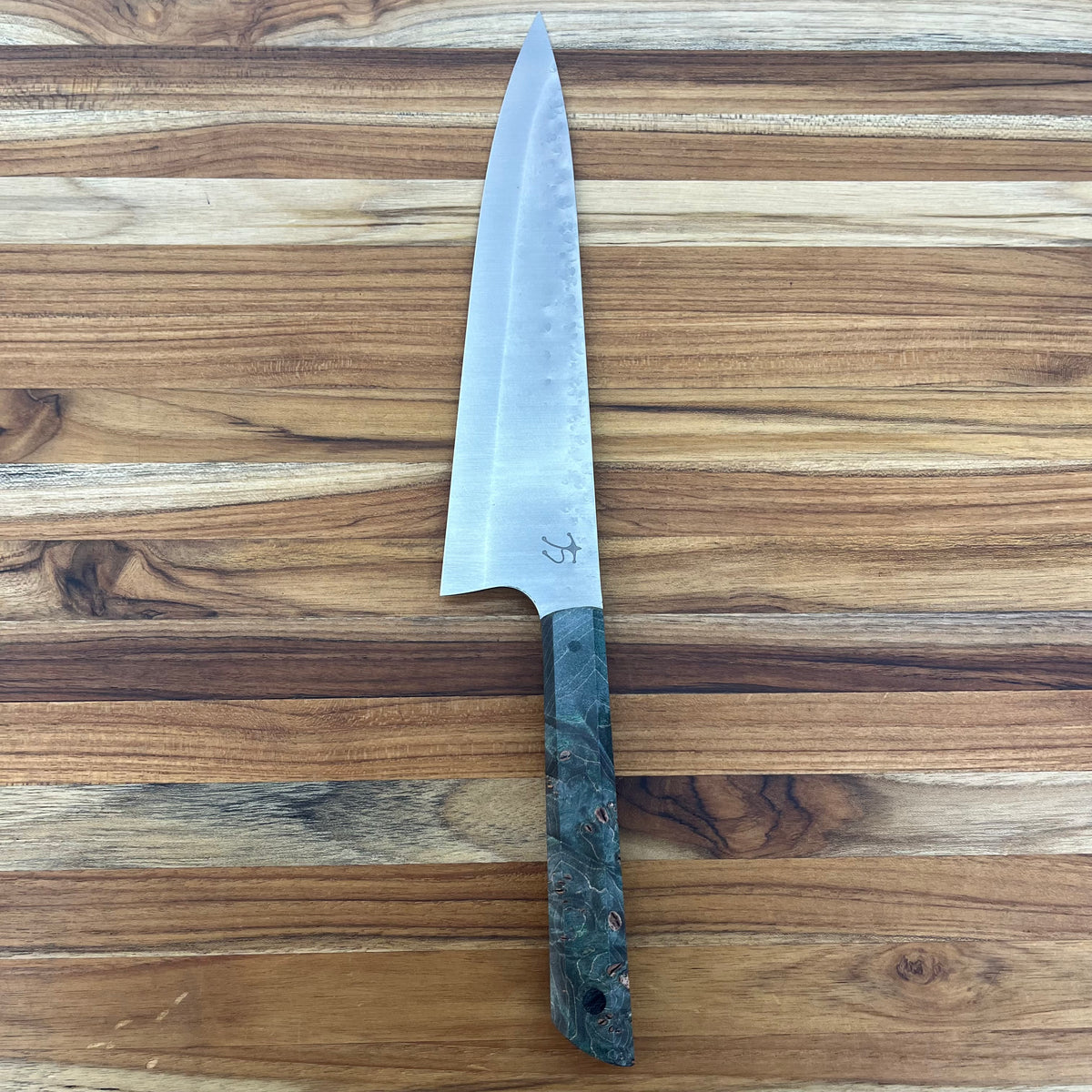 Running Man Forge Ready Series 200mm (8") Carbon Steel Chef's Knife w/ Turquoise Maple Burl Handle