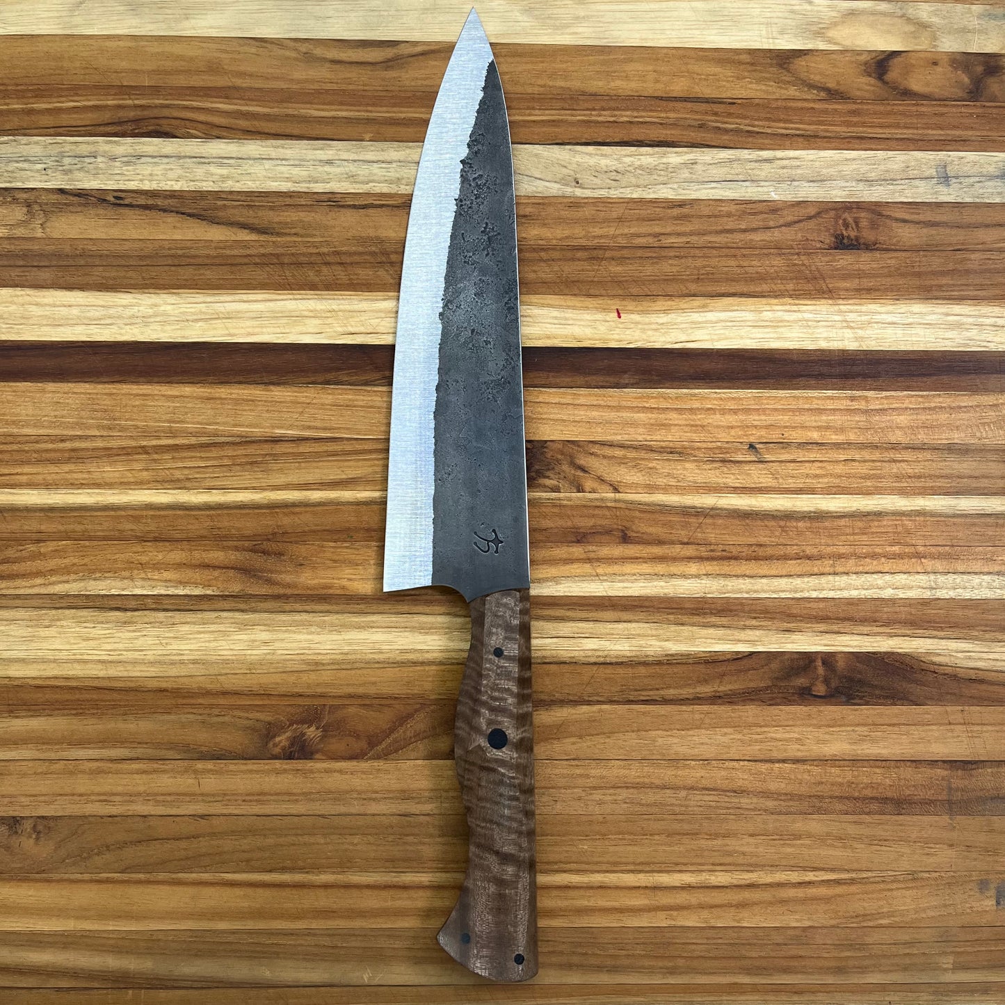 Running Man Forge Custom 215mm (8.5") Thin Forged Gyuto w/ Brown Curly Walnut Handle