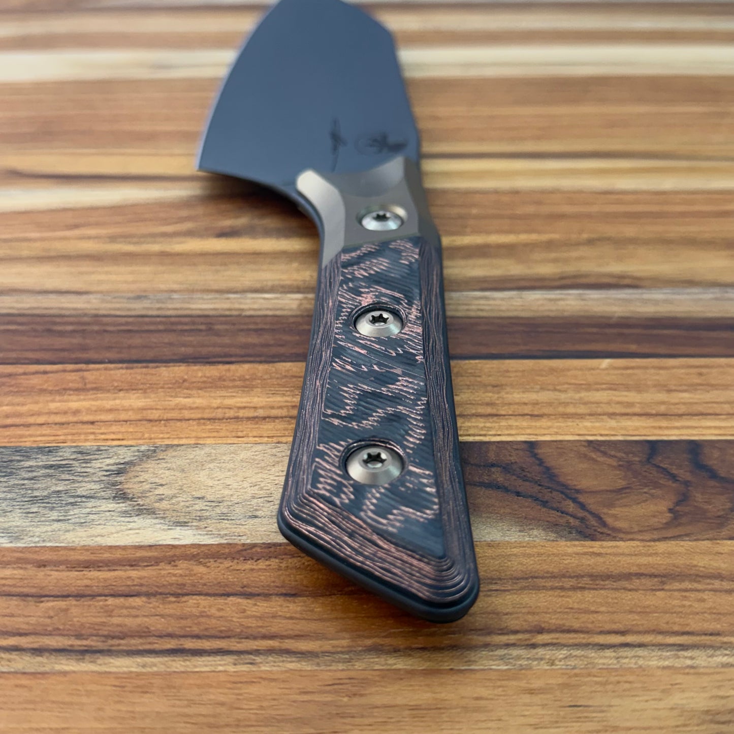 Microtech Signature Series Culinary 6" DLC Santoku w/ Bronze Titanium Bolster & Livewire Carbon Fiber Handle