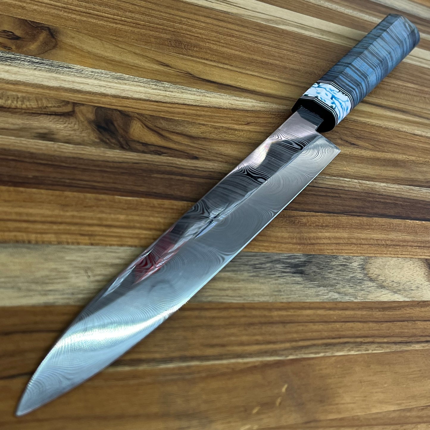 3rd Hill Customs Damasteel 225mm (9") Sujihiki w/ Blue Curly Maple Handle