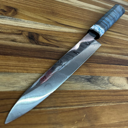 3rd Hill Customs Damasteel 225mm (9") Sujihiki w/ Blue Curly Maple Handle