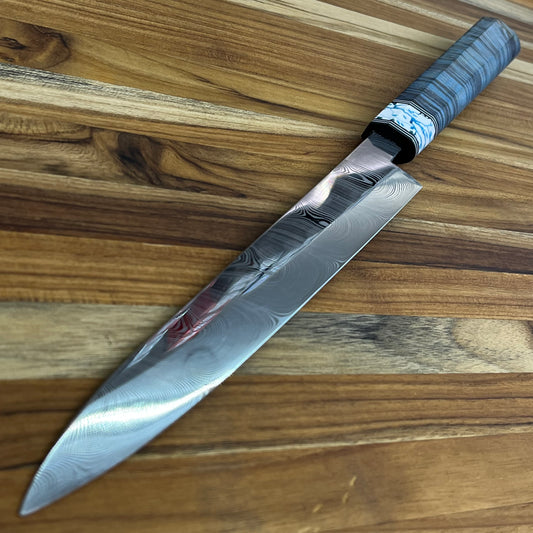 3rd Hill Customs Damasteel 225mm (9") Sujihiki w/ Blue Curly Maple Handle