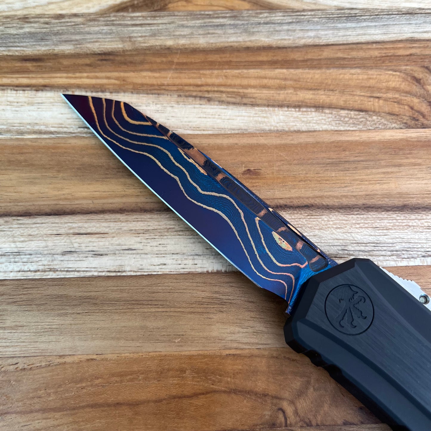 Microtech Signature Series Marfione Select Blued Baker Forge S/E Coppermai Damascus Cypher II Gen III 3.25" OTF w/  Hefted Black Aluminum Handle & Tritium Insert