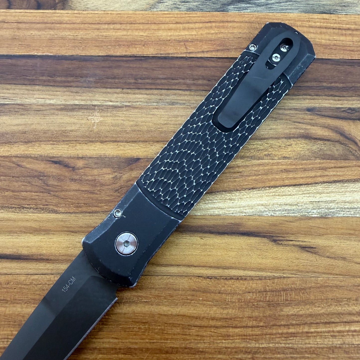 Pro-Tech Godfather 4" Left-Handed Auto w/ Black Battleworn Jigged Handle