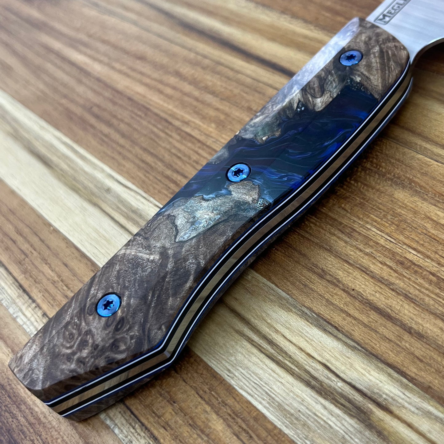 Meglio Blade Show Semi-Custom 6.5" Satin Kiritsuke w/ Spalted Maple Burl & Dark Blue Resin Handle