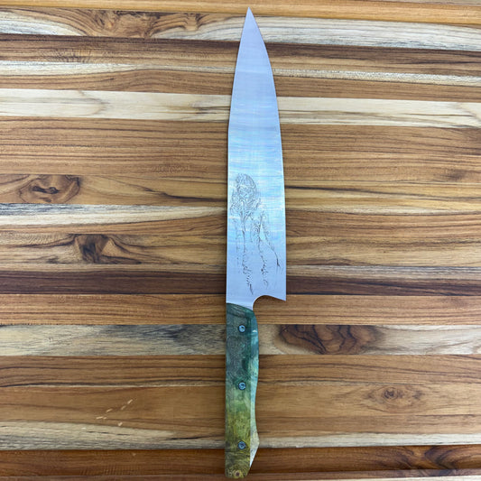 Meglio Blade Show Semi-Custom 10" Western Chef's Knife w/ Lasered Abstract Beauty & Green/Yellow Box Elder Handle