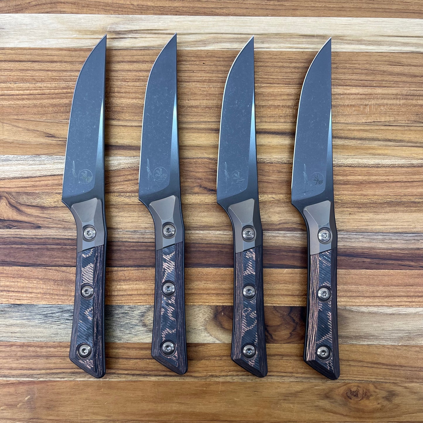 Microtech Signature Series Culinary 4pc DLC Steak Knife Set w/ Bronze Titanium Bolster & Livewire Carbon Fiber Handle